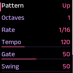 The Arpeggio screen, with the rows Pattern, Octaves, Rate, Tempo, Gate, and Swing