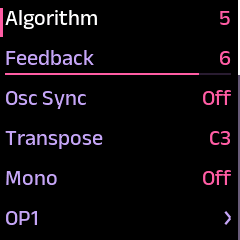 The top of the EDIT screen for an FM preset, with the rows Algorithm, Feedback, Osc Sync, Transpose, Mono, and OP1