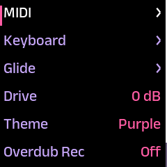 The GLOBE screen, with the rows MIDI, Keyboard, Glide, Drive at 0 dB, Theme set to Purple, and Overdub Rec off