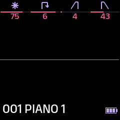 The HOME screen, showing the four knob columns at the top, the oscilloscope in the middle, and the preset 001 PIANO 1 with the battery at the bottom
