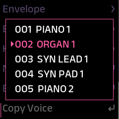 The preset list over the EDIT screen, with 002 ORGAN 1 chosen and shown in the accent color