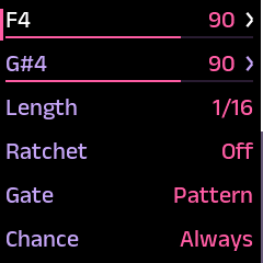 A step's own list, with the notes F4 and G#4 at velocity 90, then Length, Ratchet, Gate, and Chance
