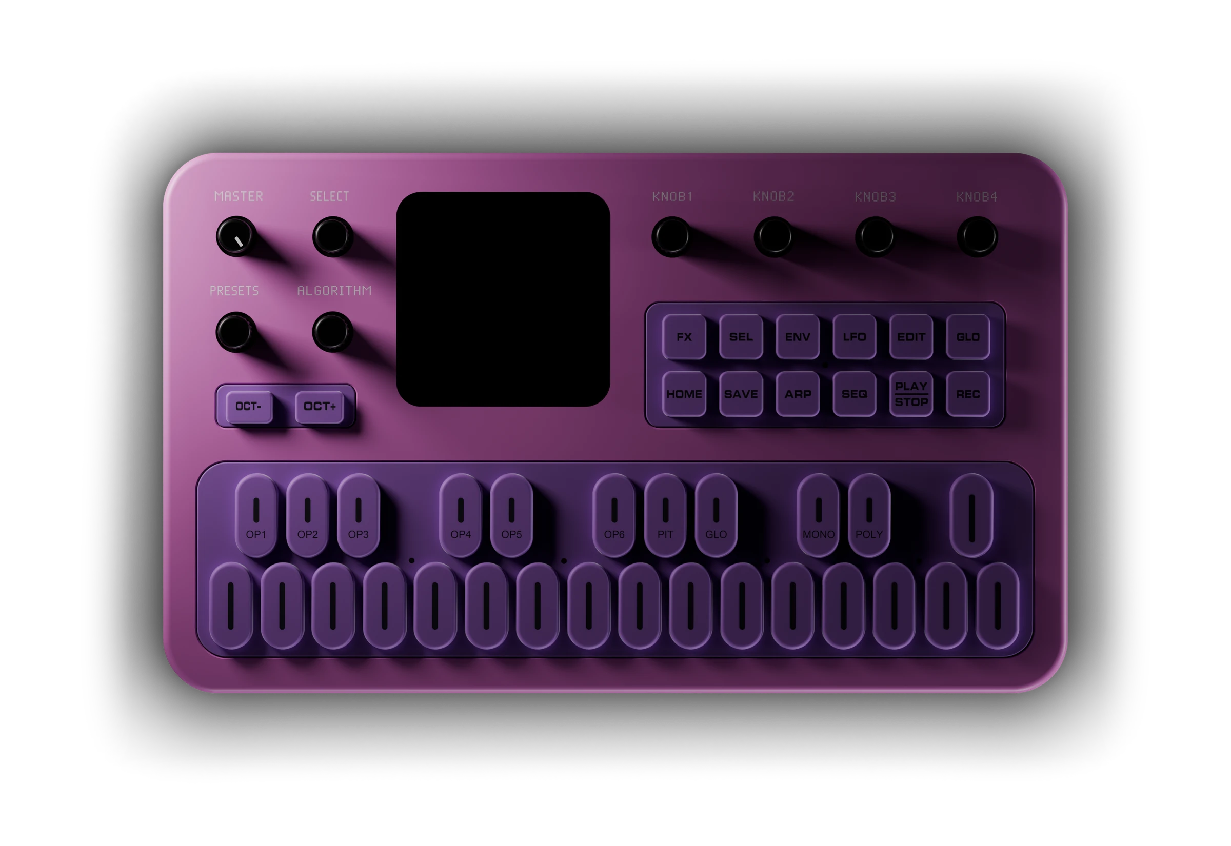 The FM-1 in pink and purple, lit from the upper left, with its screen on.