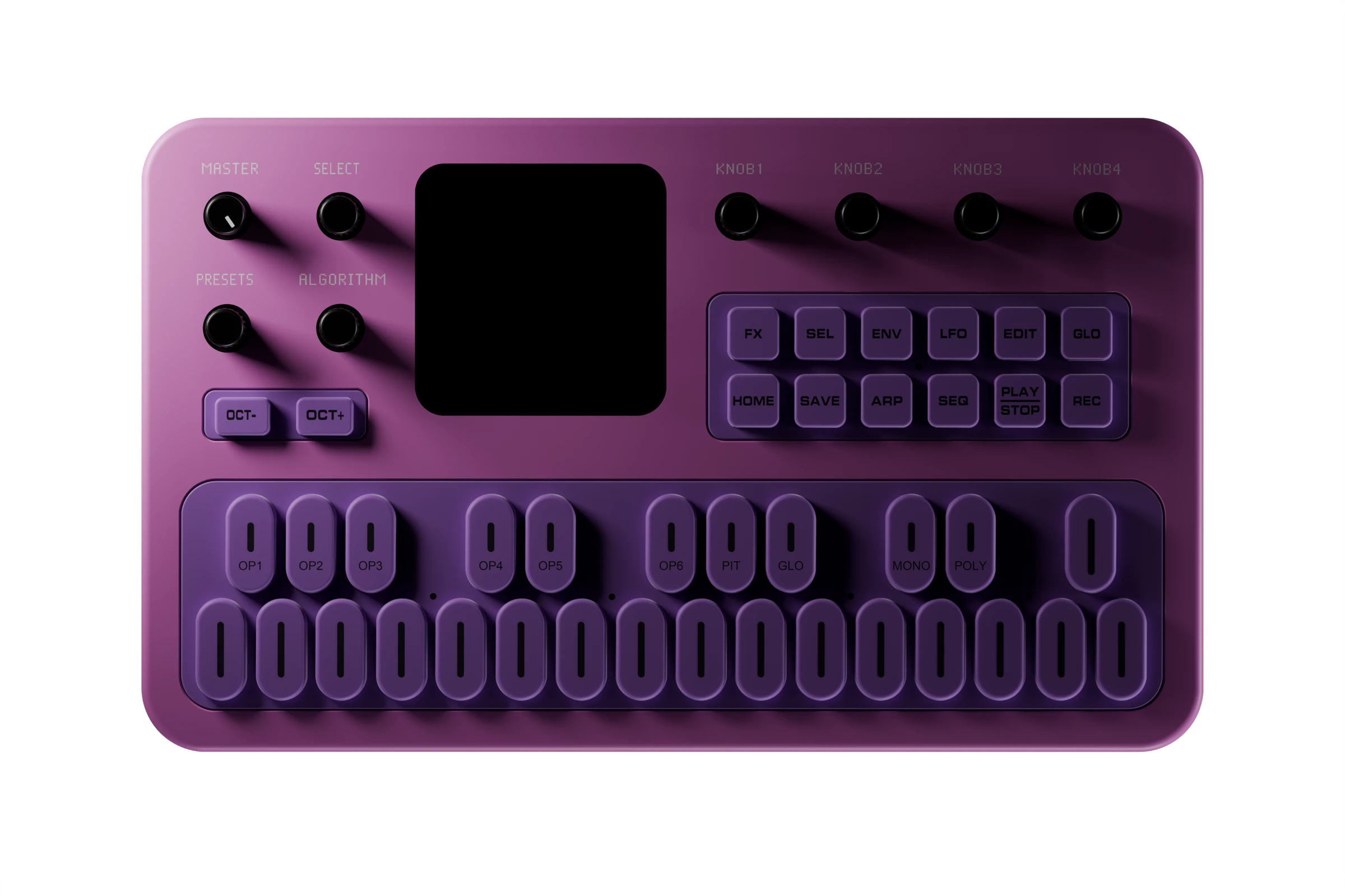 The FM-1 in pink and purple, lit from the upper left, with its screen on.