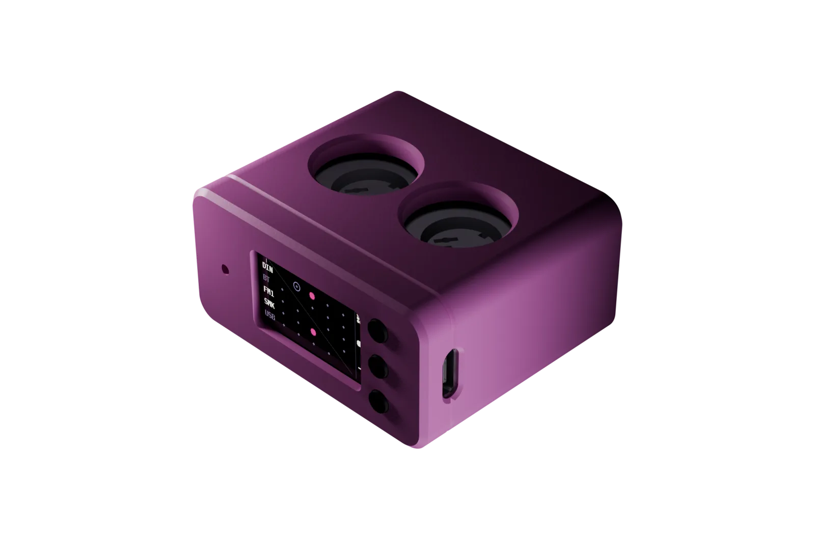 MIDI Hub, a small pink case with three black buttons, seen from its corner: the screen showing the routing grid, the two DIN sockets and the USB-C port.